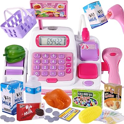 BUYGER Supermarket Cash Register Toy Pink with Scanner Calculator