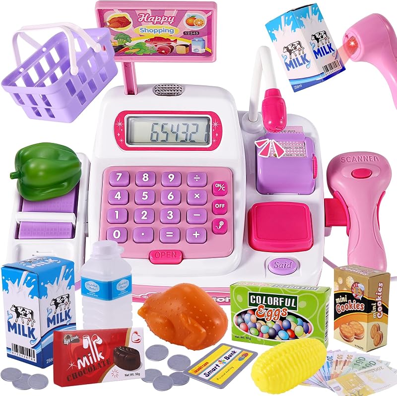 BUYGER Supermarket Cash Register Toy Pink with Scanner Calculator