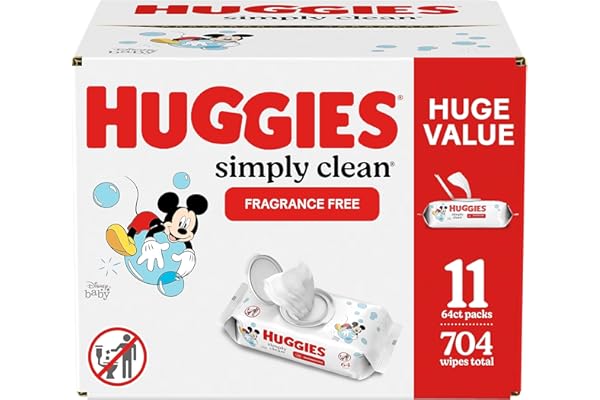 Huggies Simply Clean Fragrance-Free Baby Wipes, Unscented Diaper Wipes, 11 Flip-Top Packs (704 Wipes Total)