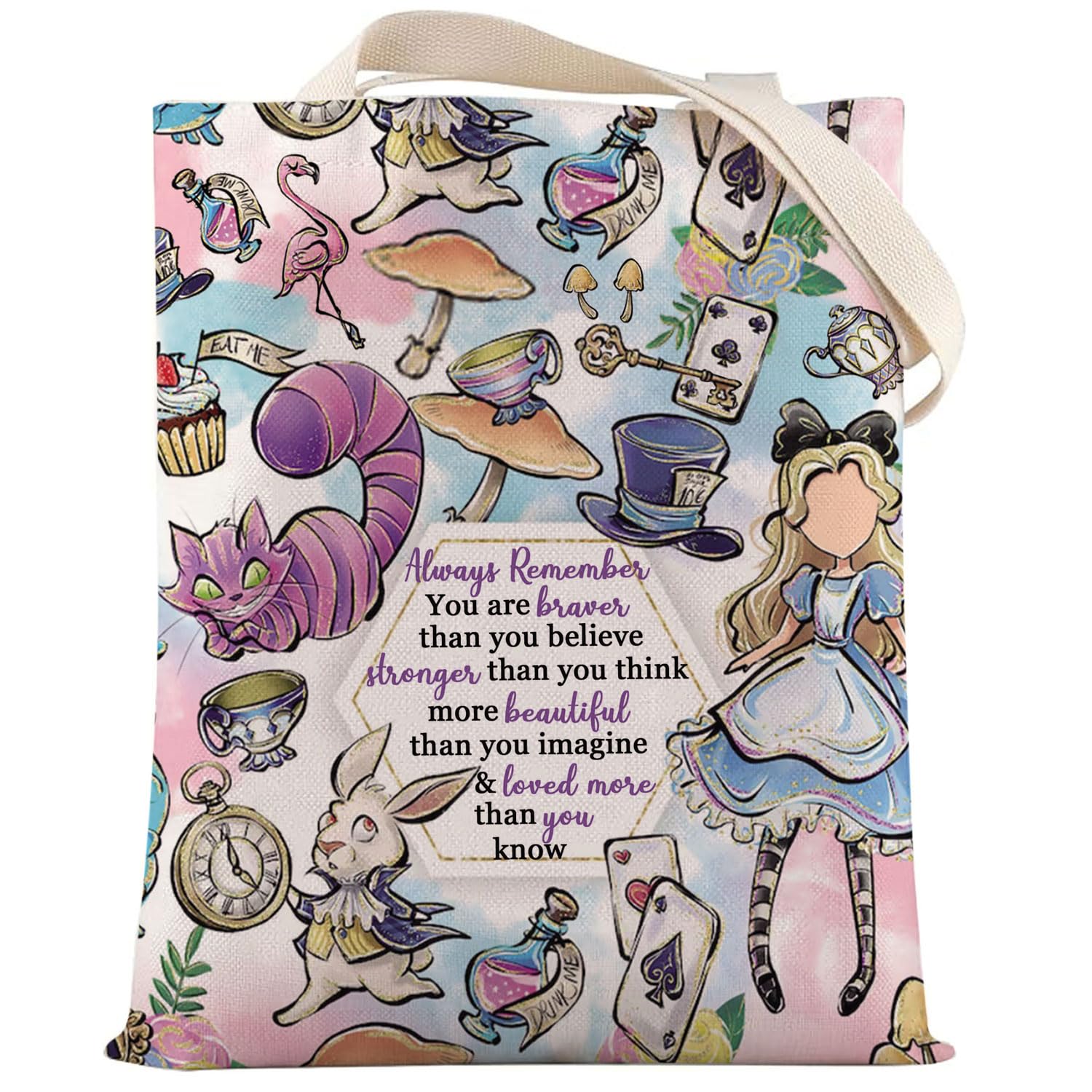 LEVLO Alice Movie Makeup Bag - Fairy Tale Fans Gift, Braver Stronger Smarter Than You Think, Colorful Tote with Zipper Pouch