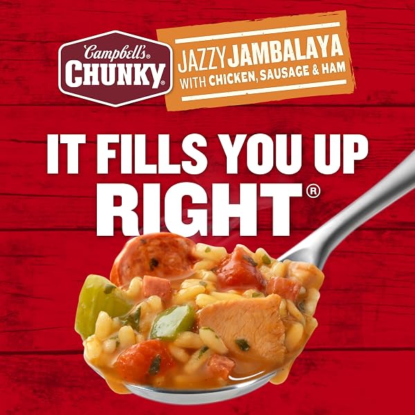 CAMPBELL’S CHUNKY SOUP, JAZZY JAMBALAYA WITH CHICKEN, SAUSAGE AND HAM SOUP, 16.1 OZ CAN