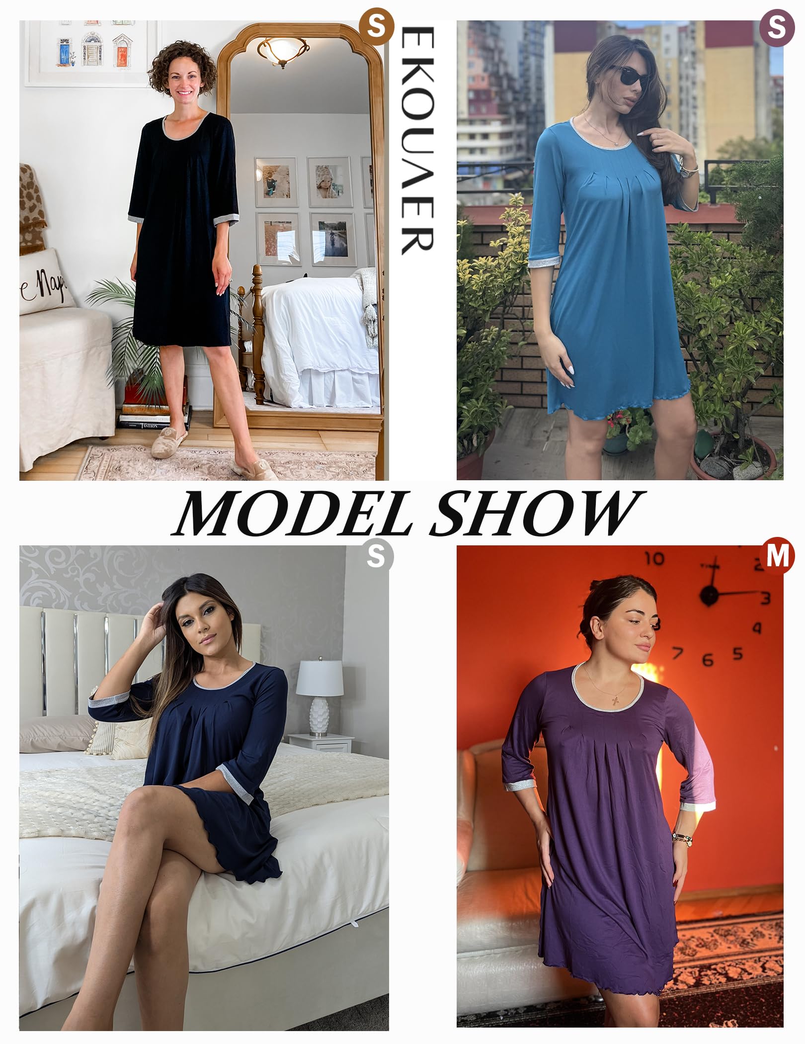 Ekouaer Ladies Nightgown O Neck Sleepwear 1/2 Sleeve Soft Sleepwear for Women，Black S