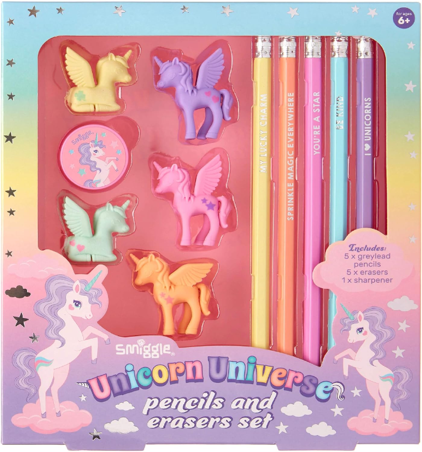 Smiggle Cute Unicorn Pencils And Erasers Box Set includes 5 scented