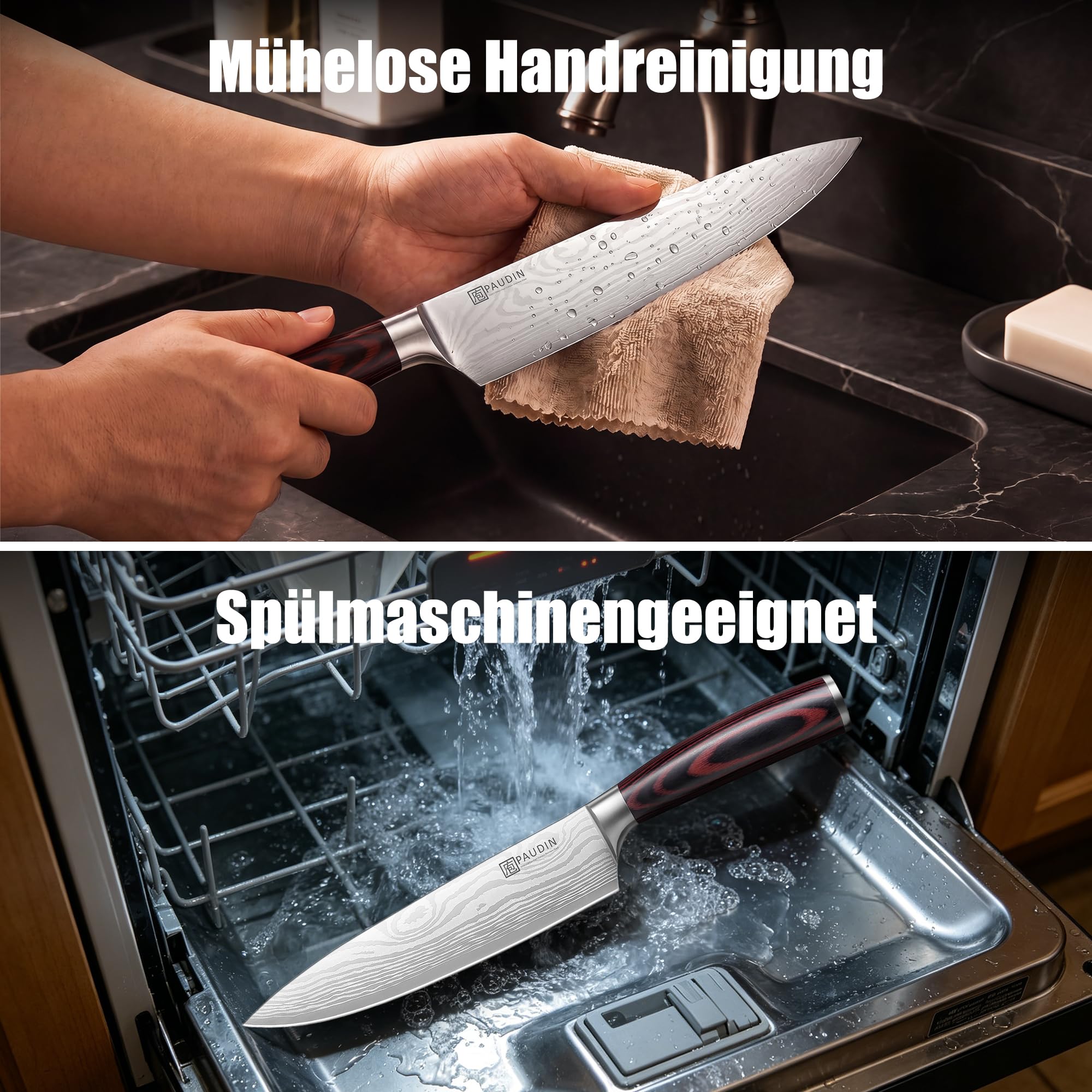 PAUDIN Kochmesser, Klingenlänge 20 cm Profi Küchenmesser Messer Chefmesser Allzweckmesser aus hochwertigem Carbon Edelstahl, Extra Scharfe Messerklinge mit ergonomischem Griff 7