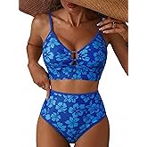 Herseas Women's O Ring Bikini Sets 2 Pieces Floral Print Swimsuits High Waisted Bathing Suits
