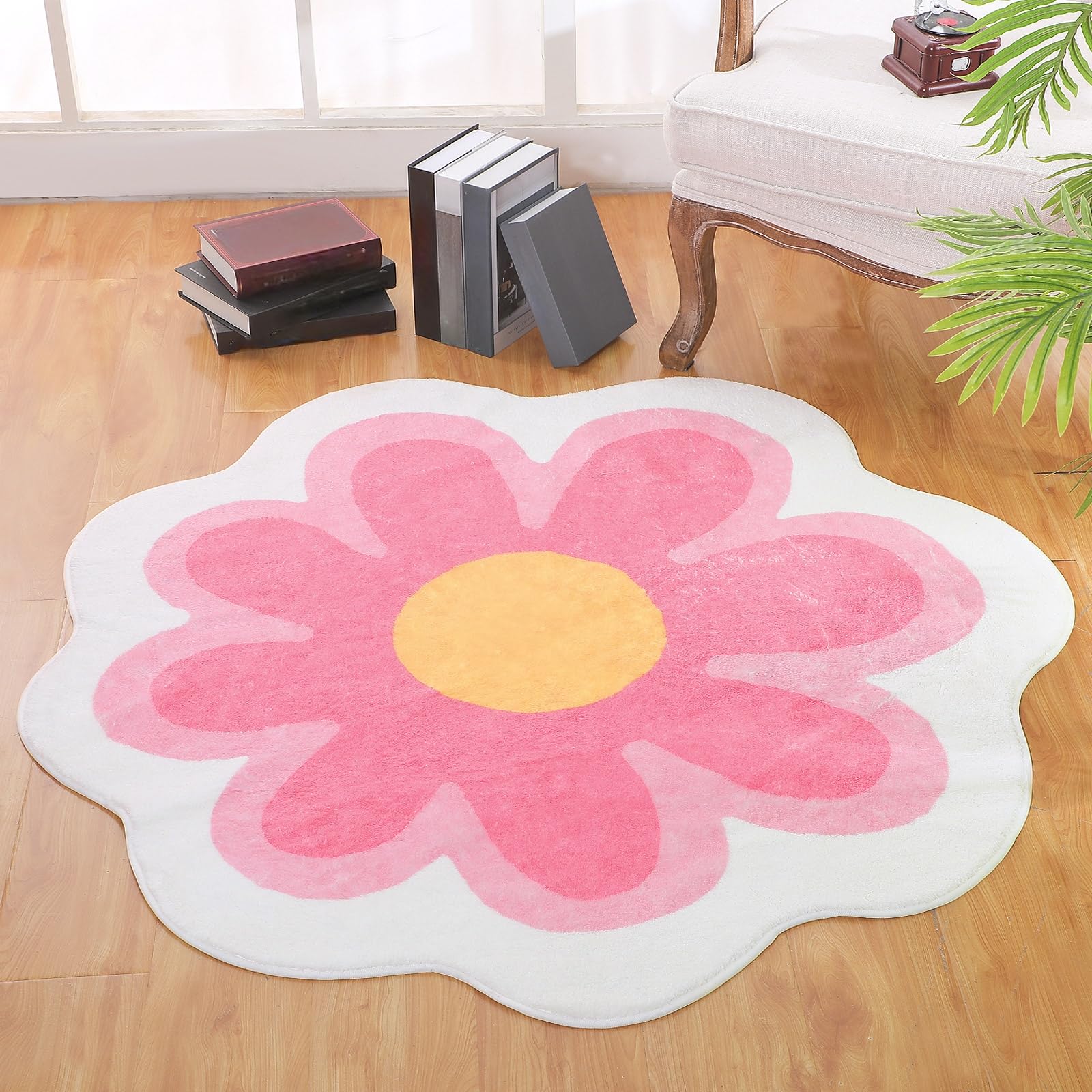 Photo 1 of Tinideya Aesthetic Cute Flower Round Area Rug Non Slip Circle Soft Fluffy Flower Rug Indoor Floor Mat Carpet for Girls Bedroom Bathroom Living Room Sofa Nursery Decor(Pink, 4 ft)