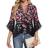 Lotusmile Women's Dressy Casual or Work Business Blouses Trendy Ruffle Neck Shirts 3/4 Sleeve Chiffon Tops