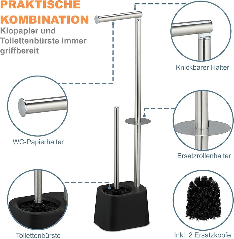 WC Garnitur, Edelstahl, 65,5x13x16 cm, stehender Klopapierhalter, Toilettenbürste mit Bürstenhalter, Farbwahl