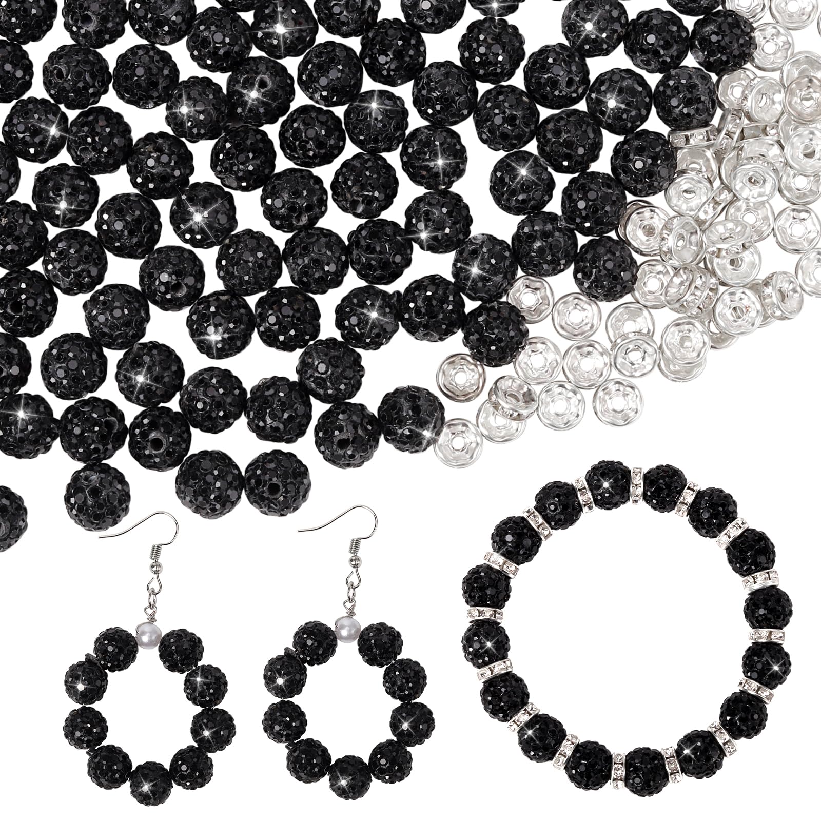 Photo 1 of 200pcs 10mm Rhinestone Beads for Crafts and Spacer Beads Bulk for DIY Crafting,Sparkly Disco Ball Clay Beads Diamond Crystal Spacer Beads for Necklace Bracelet Earring Jewelry Making Black