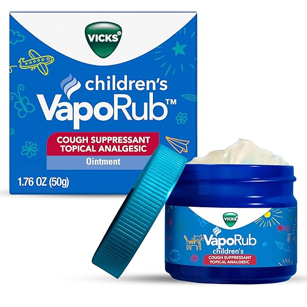 VICKS CHILDREN’S VAPORUB, TOPICAL COUGH SUPPRESSANT AND ANALGESIC, RELIEVES COUGHS AND MINOR ACHES AND PAINS, CLINICALLY PROVEN, STARTS WORKING IN MINUTES FOR FAST RELIEF, FOR CHILDREN AGES 2+, 1.76OZ