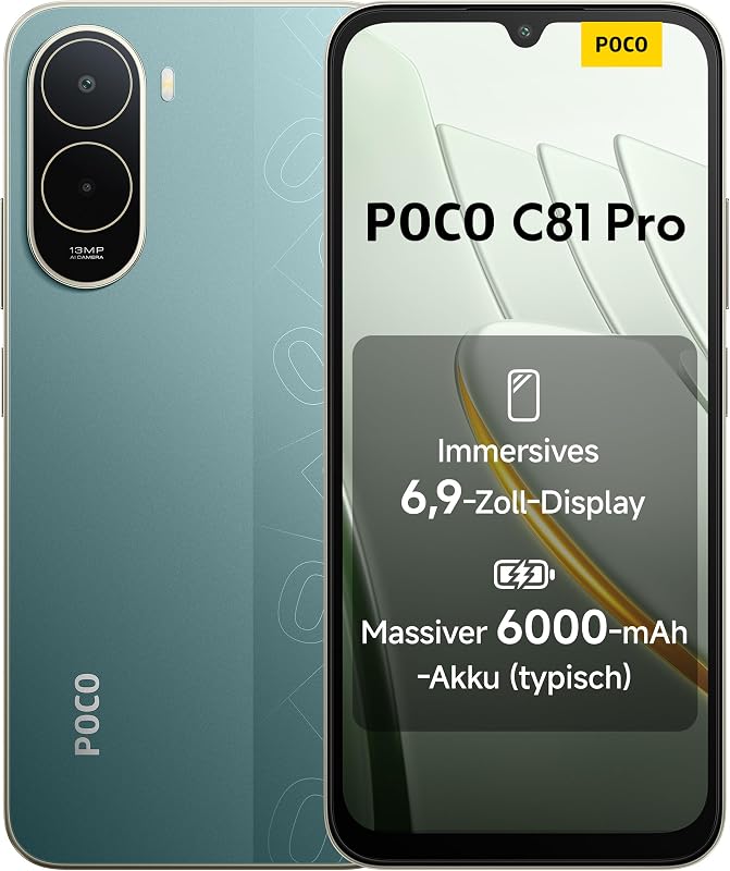Poco C81 Pro Smartphone, 4 GB + 128 GB, Handy, 6000 mAh Akku, 120 Hz Bildschirm, 6,9 Zoll Display, 13 MP AI-Doppelkamera, grün, zusätzliche 1 Jahr Garantie