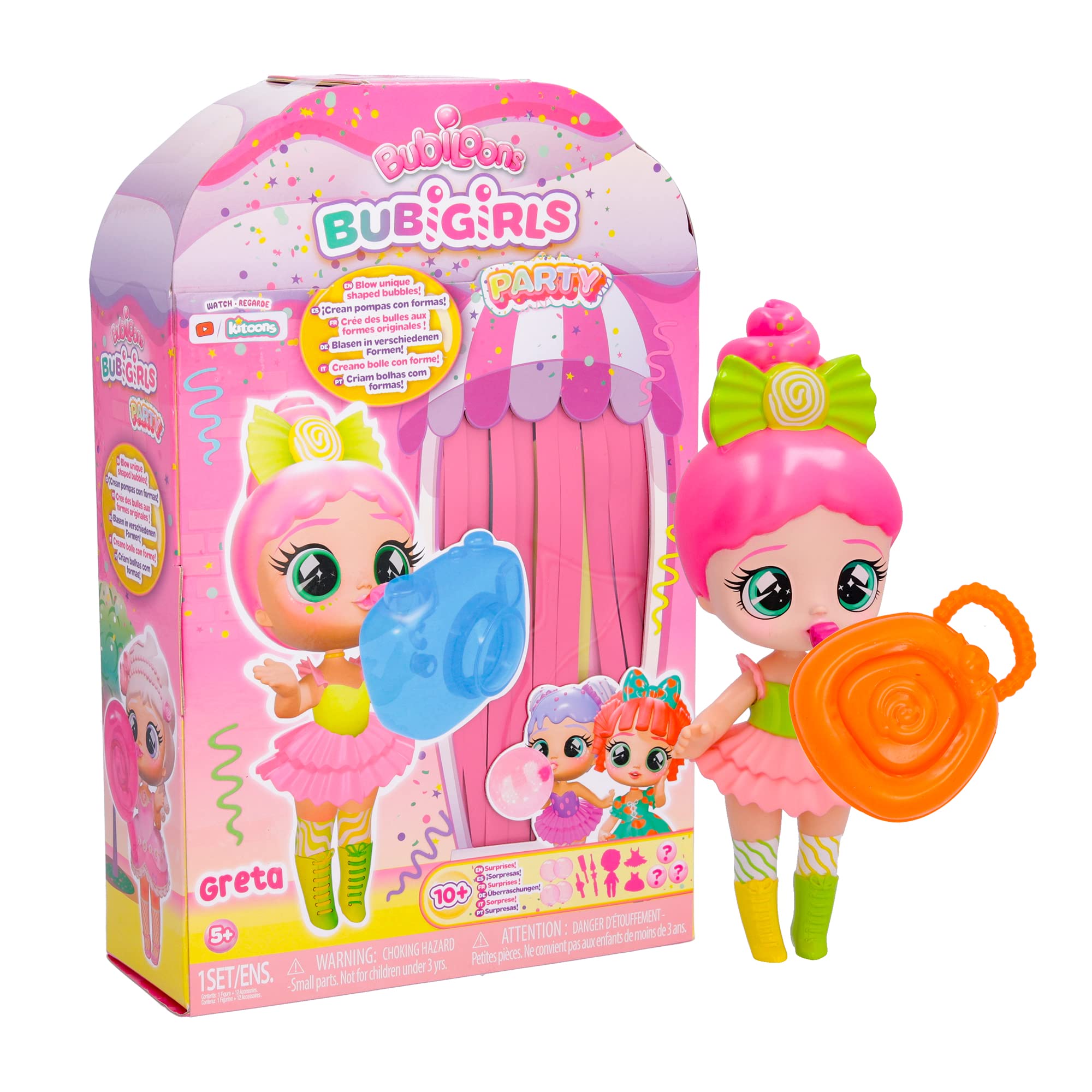IMC Toys BUBIGIRLS Greta | Collectible surprise doll to Dress Up that inflates Balloons with 12 Accessories - Gift toy for kids +5 Years
