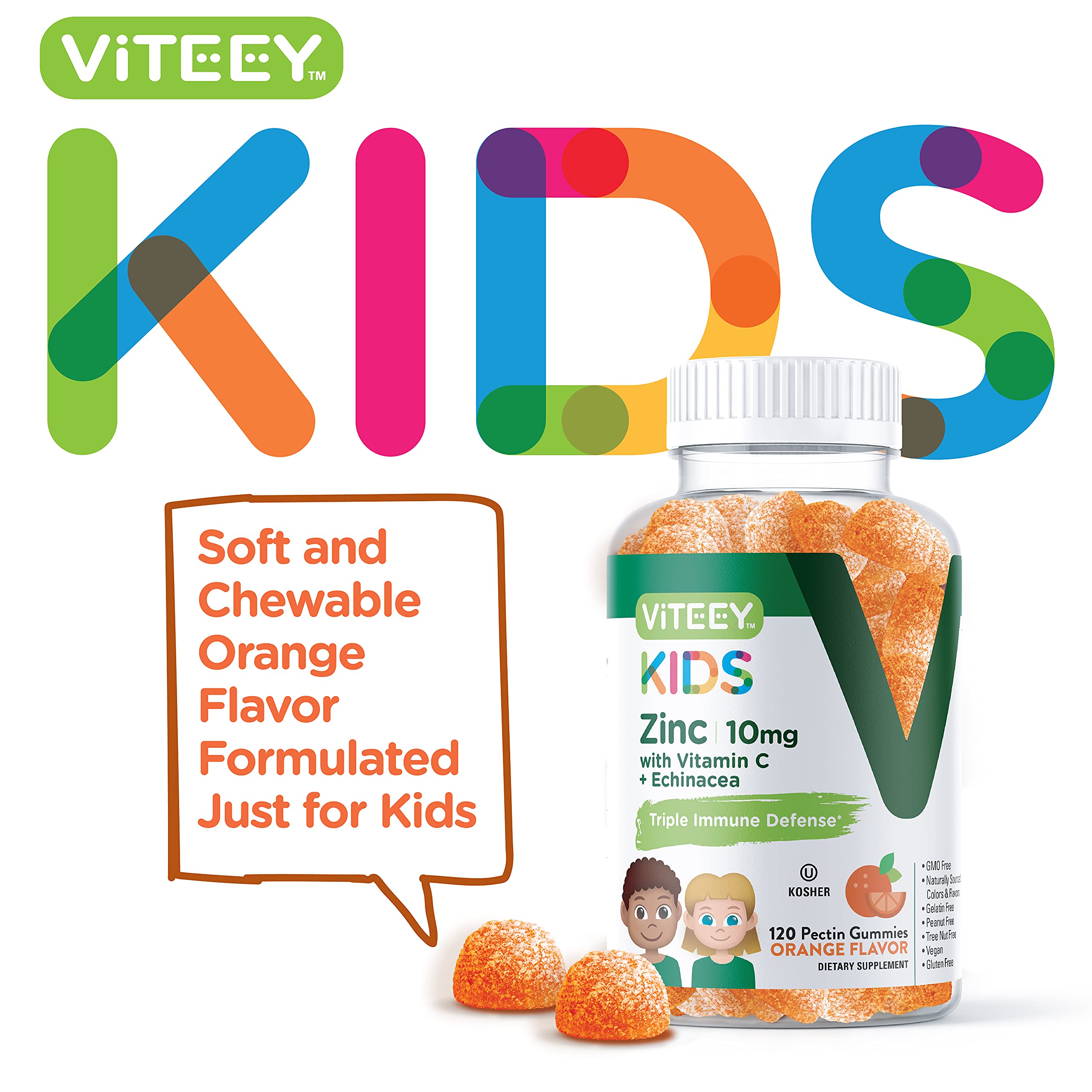 Viteey Zinc for Kids Gummies 10mg, with Vitamin C & Echinacea - Immune Support, Powerful Natural Antioxidant, Kids Zinc Vitamin Supplement - Vegan, Gelatin Free - Tasty Chewable Orange Flavor Gummy