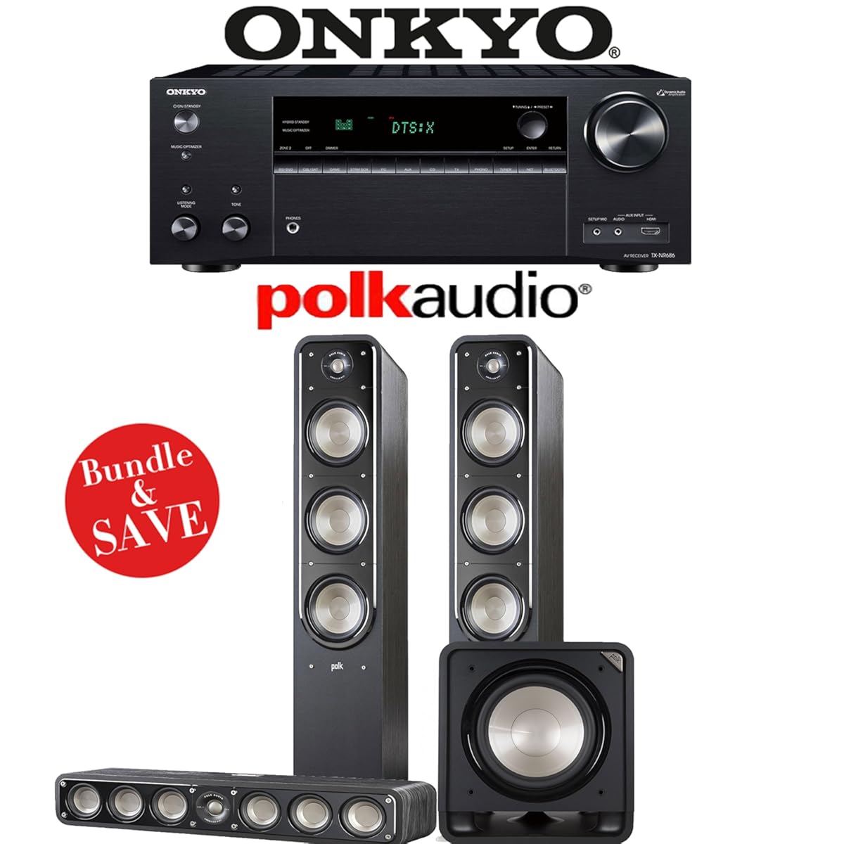 Onkyo TX-NR686 7.2-Channel THX Certified Network A/V Receiver + Polk Audio S60 + Polk Audio S35 + Polk Audio HTS12-3.1-Ch Home Theater Package