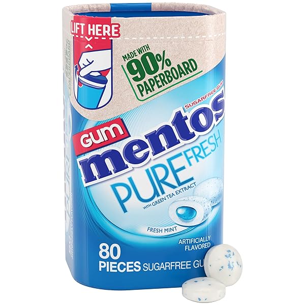 MENTOS PURE FRESH SUGAR-FREE CHEWING GUM WITH XYLITOL, FRESH MINT, IN A RECYCLABLE 90% PAPERBOARD BOTTLE, 80 PIECE (PACK OF 1)