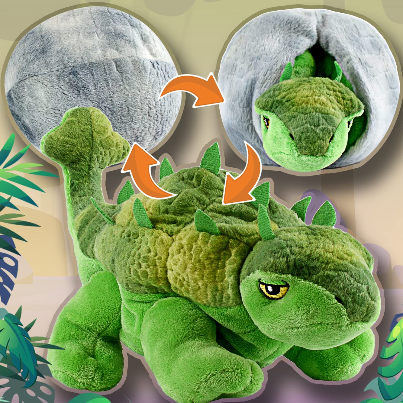 Creanino Dino Cuddly Toy 2 in 1 | Reversible Plush Toy [Ankylosaurus Spike] | Dinosaur Toy | Reversible Cuddly Toy