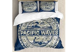 Ambesonne Modern Duvet Cover Set, Pacific Waves Surf Camp and Hawaii Logo Motif Effects Design, Decorative 3 Piece Bedding Set with 2 Pillow Shams, Queen, Blue Khaki