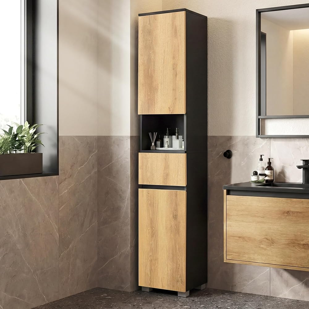 VASAGLE Tall Bathroom Cabinet Slim Storage 30x30x170 cm Ink Black
