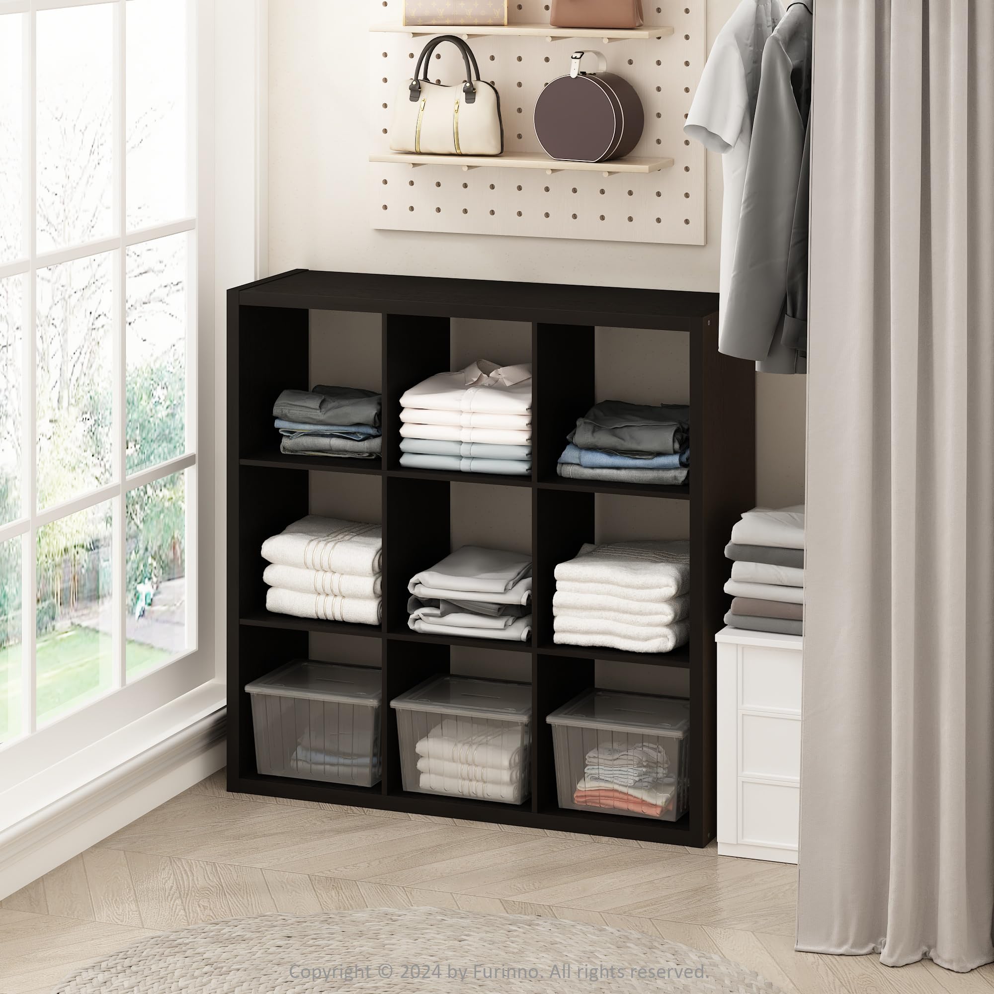 Photo 1 of **MINOR CRACKS** Furinno Cubic Closet Organizers and Storage, 9-Cube Closet Organizer, Open Shelf Closet Storage, Extra Thick Frame for Wardrobe, Bedroom, Living Room, Dark Oak