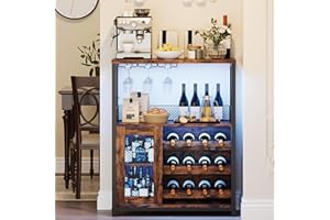 GarveeTech 3-Tier Wine Bar Cabinet with LED Lights – Adjustable Shelves, Mesh Door, Glass Holder, Detachable Wine Rack – Rust