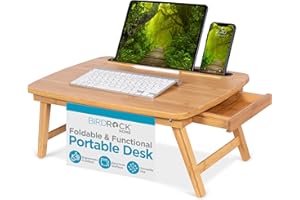BIRDROCK HOME Bamboo Wood Lap Tray with Foldout Legs, Storage Drawer, Fits Laptops Up to 17", Tablet and Phone Slot, Laptop Table for Sitting or Standing, Work from Home, Workstation - Natural