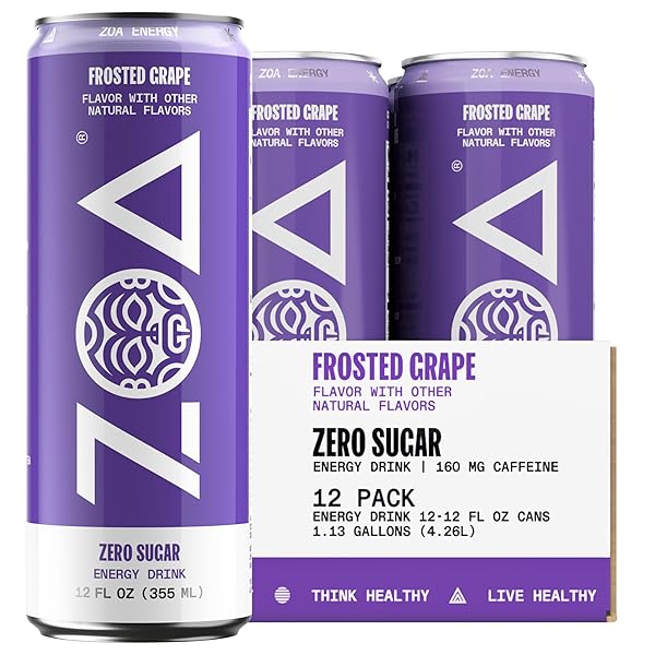 ZOA ZERO SUGAR ENERGY DRINKS, FROSTED GRAPE – SUGAR FREE WITH ELECTROLYTES, HEALTHY VITAMIN C, AMINO ACIDS, ESSENTIAL B-VITAMINS, AND CAFFEINE FROM GREEN TEA – 12 FL OZ (12-PACK)