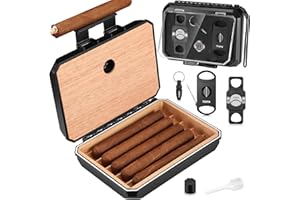 TISFA Cigar Humidor Set Travel Humidor Includes 2 Multifunctional Cutters, Hole Punch, Humidifier, Hygrometer, Portable Cedar Wood Lined Cigar Box Holder Case Gifts for Men (Black)