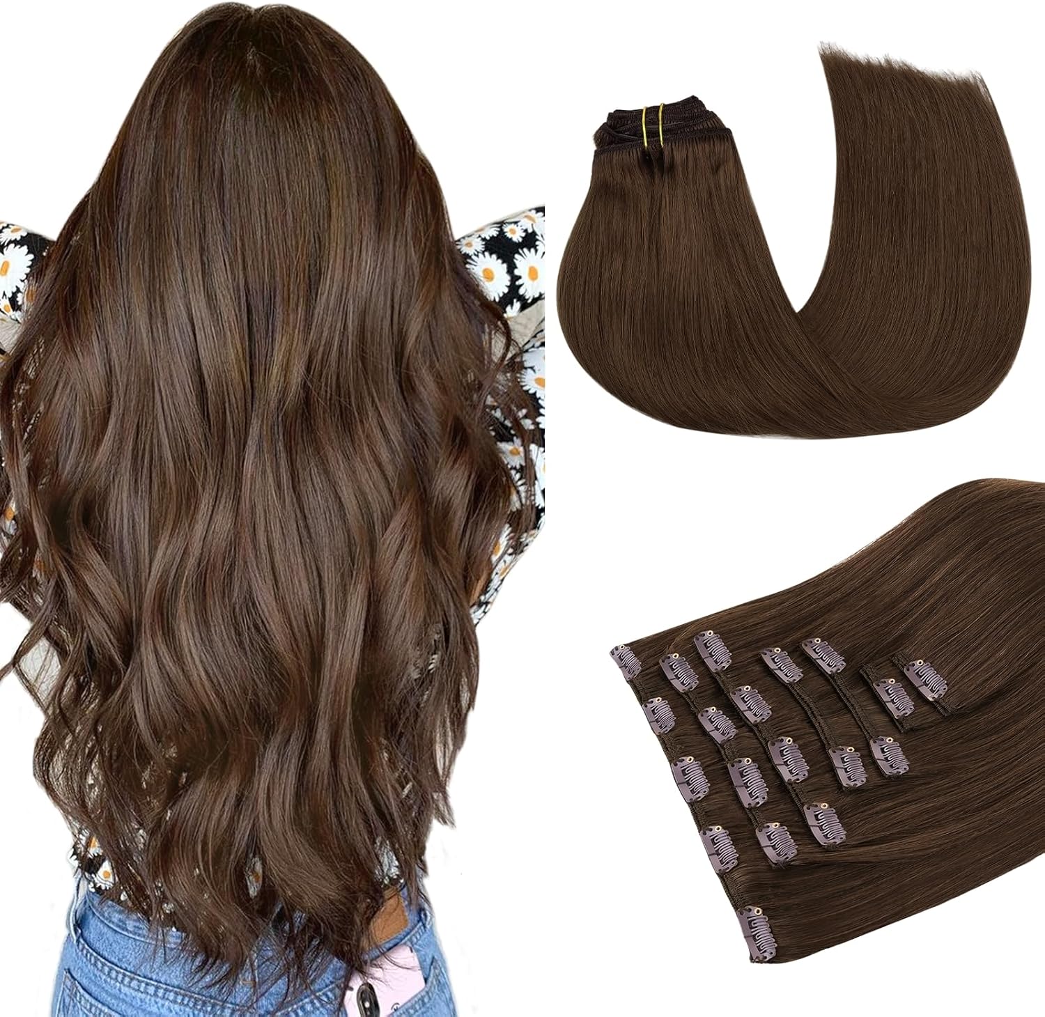 MAXITA Clip in Hair Extensions Real Human Hair 100% Remy Hair Extensions Clip ins Double Weft for Women,Natural Human Hair,16inch 120g 7Pcs,Chocolate Brown