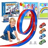 Flexible Race Track for Kids, 16.4FT Portable DIY Flexible Racing Track | 2 Strong Screw Suction Cup &amp; 4 Pull-Back Toy Cars, Car Track Compatible with Diecast 1/64th Cars