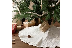 LimBridge Knitted Christmas Tree Skirt: 36 Inches Cream White Tree Skirt, Lotus Leaf Edge Cable Knit Thick Rustic Christmas Tree Decorations, Ruffle Christmas Decor Xmas Holiday Home Party Decorations