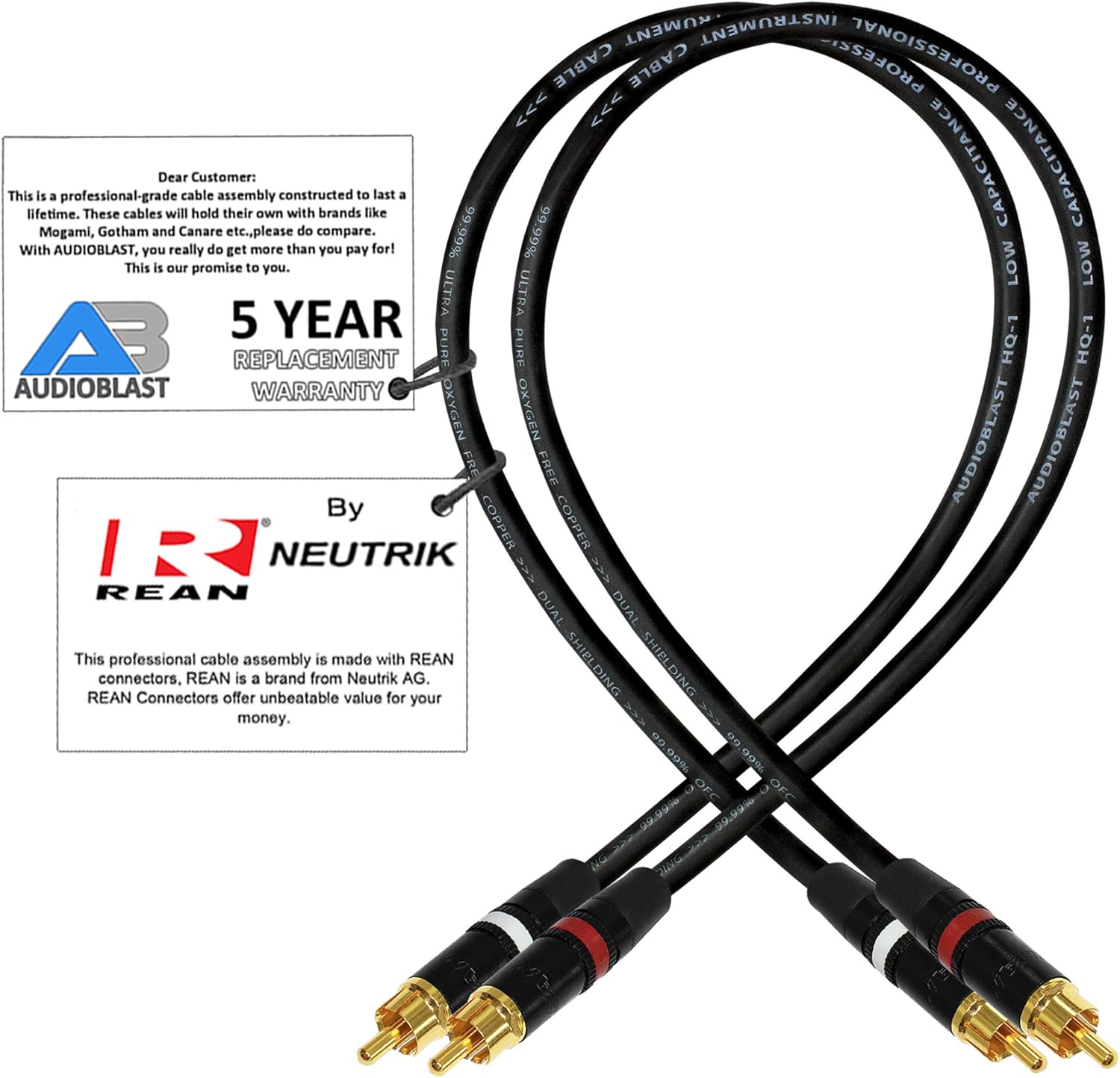 3 Foot RCA Cable Pair Audioblast HQ1 Ultra Flexible Dual Shielded (100) High
