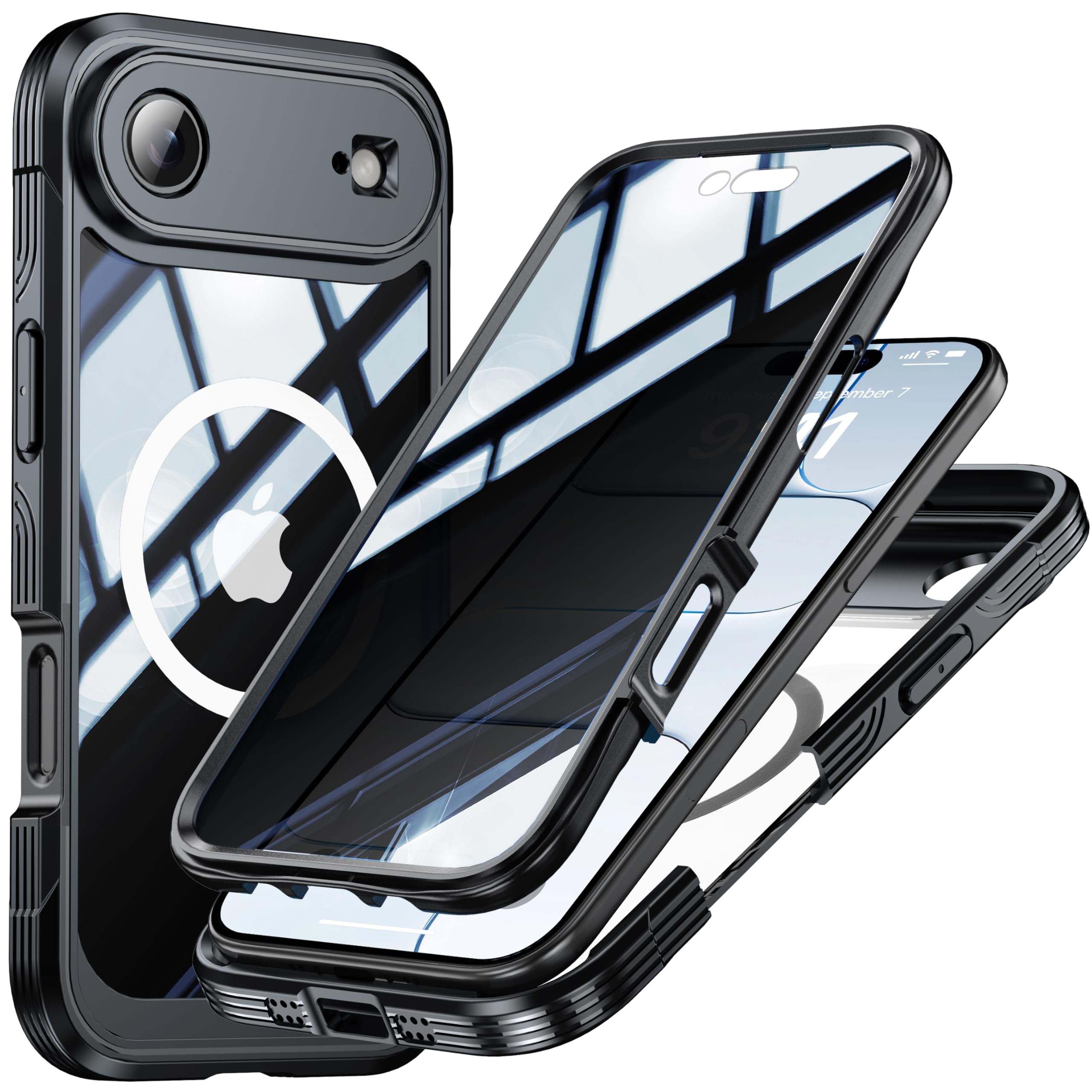 Magnetic Privacy for iPhone 17 Air Case, Privacy Screen Protector, Military Grade Protection, Fit for MagSafe, Silicone Edge Double Sided Tempered Glass Shockproof Anti Peep Full Body Case Black