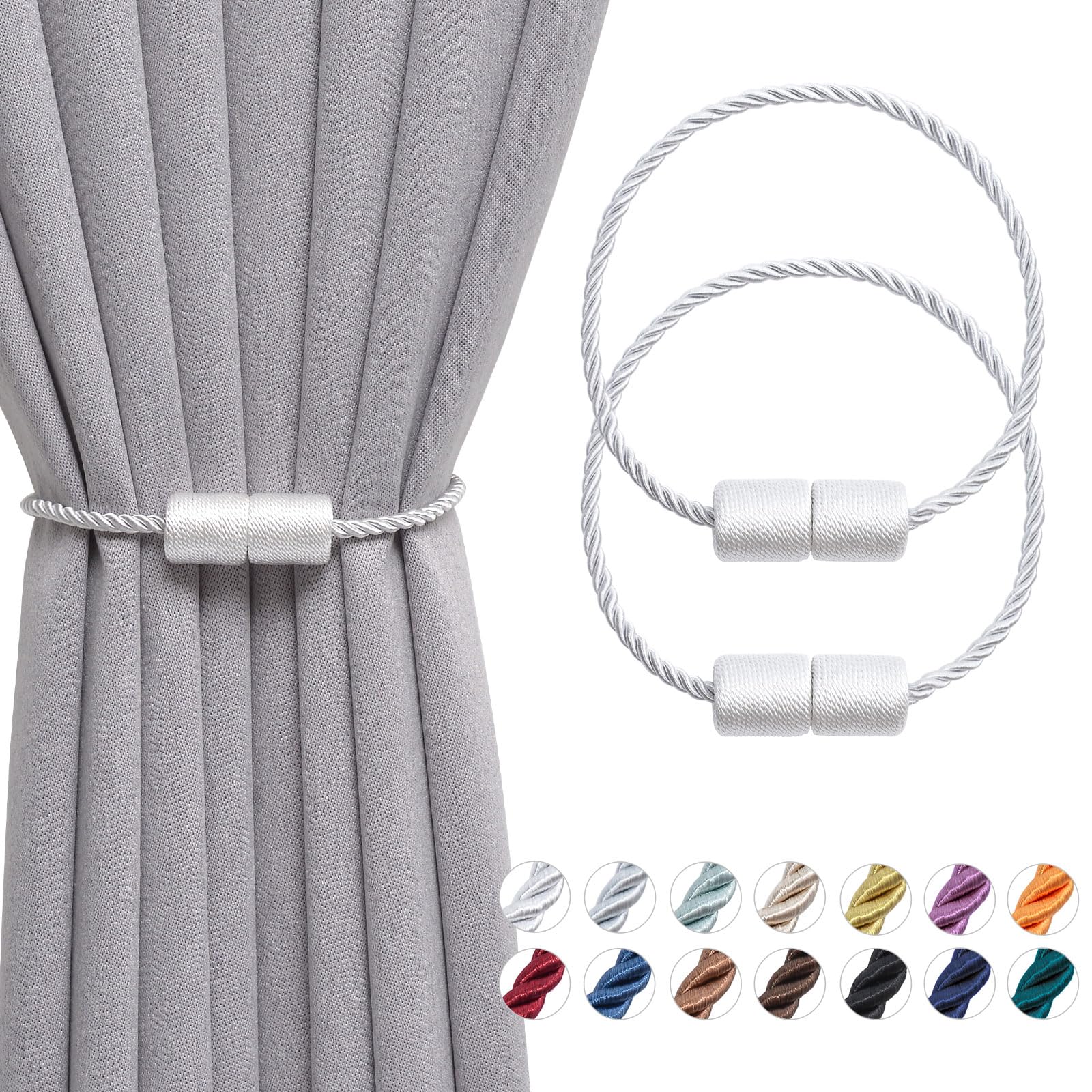 Pretty Jolly 2 Pack Magnetic Curtain Tiebacks 16 Inch Handmade Weave Side Rope Curtain Holdbacks Convenient Decorative Cylinder Curtain Drape Tie Backs for Home & Office Window Drapery (White)
