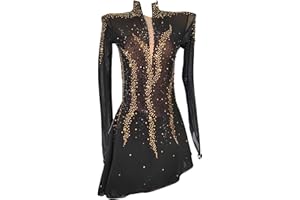JoyCan Ice Figure Skating Dress Girls Women Yellow Diamond Black Gauze Long Sleeve Competition Dress