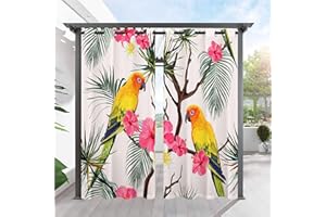 ANHOPE Outdoor Curtains for Patio Waterproof - Grommet Top Window Drapes with Tropical Palm Leaves Parrot Floral Print Pattern Outside Privacy Curtains for Pergola Gazebo Cabana 2 Panels 42 x 84 Inch