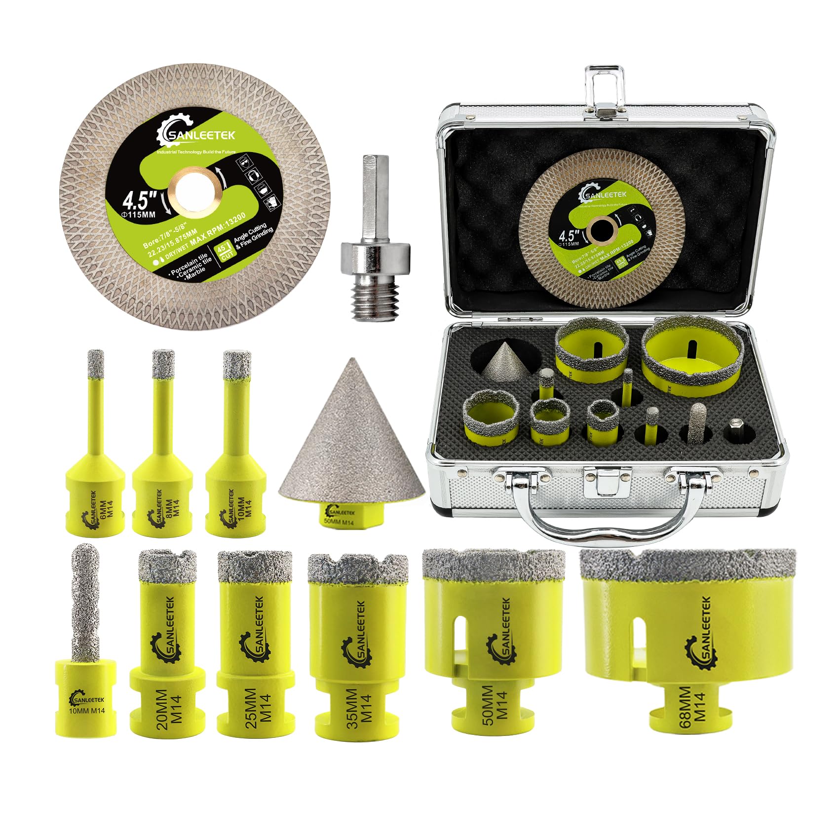 SANLEETEK Tile Hole Saw Kit - Diamond Core Drill Bits Set 11pcs(6/8/10/20/25/35/50/68+10mm Finger Bit+50mm Chamfer Bit+115mm Diamond Blade+Adapter) for Porcelain Tile Ceramic Marble M14 Thread
