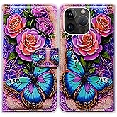 Bcov Case for iPhone 15 Pro Max,Blue Butterfly Flowers Rose Leather Flip Phone Case Wallet Cover with Card Slot Holder Kickstand for iPhone 15 Pro Max