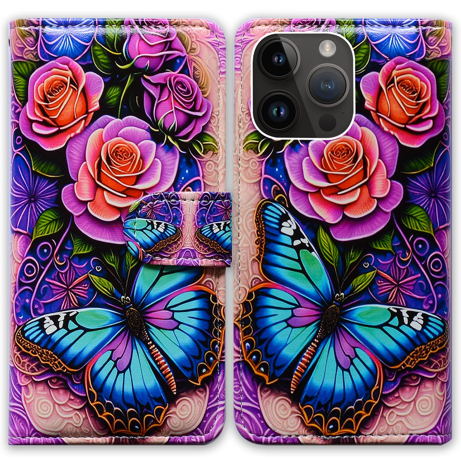 Bcov iPhone 15 Pro Case,Blue Butterfly Flowers Rose Leather Flip Phone Case Wallet Cover with Card Slot Holder Kickstand for iPhone 15 Pro