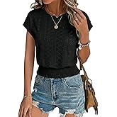 Elastic Waist Eyelet Tops for Women Summer Smocked Crewneck Short Sleeve Tee Crop Casual Plain T Shirts for Vocation Work