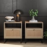 Nathan James Mina Side, End or Accent Table in a Natural Oak Wood Finish &amp; Matte Black Accents with Storage for Living Room or Nightstand for Bedroom, Oak/Black, Set of 2