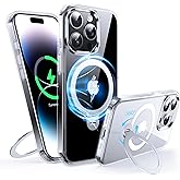 FNDMIL 360°Rotatable Magnetic Ring for iPhone 14 Pro Case with MagSafe[Non-Slip Texture Edge][Built-in Kickstand][Military Shockproof][Anti-Yellowing] Transparent Soft Silicone Bumper Slim,Clear