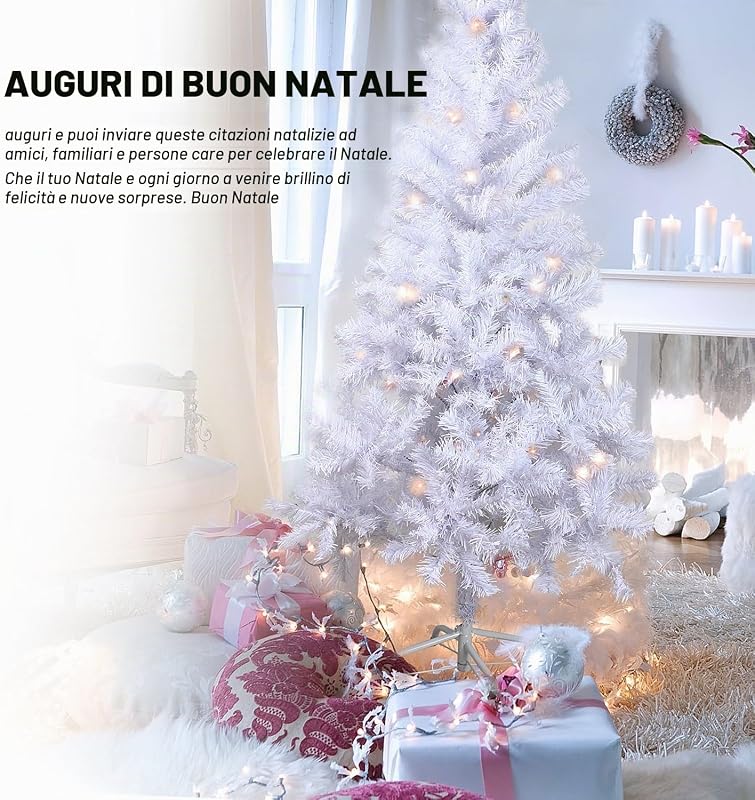 Albero di Natale artificiale Foglia di orpello Abete 120-210cm Alberi C/Supporto in metallo (Bianco Brillante, 210cm 668Tips)