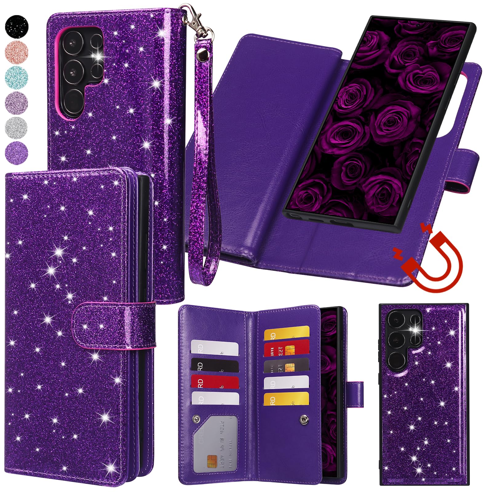 Photo 1 of Varikke for Galaxy S25 Ultra Wallet Case Detachable with Card Holder for Women, Glitter PU Leather Strap Magnetic Flip Wallet Removable Phone Case Cover for Samsung Galaxy S25 Ultra 6.9", Dark Purple