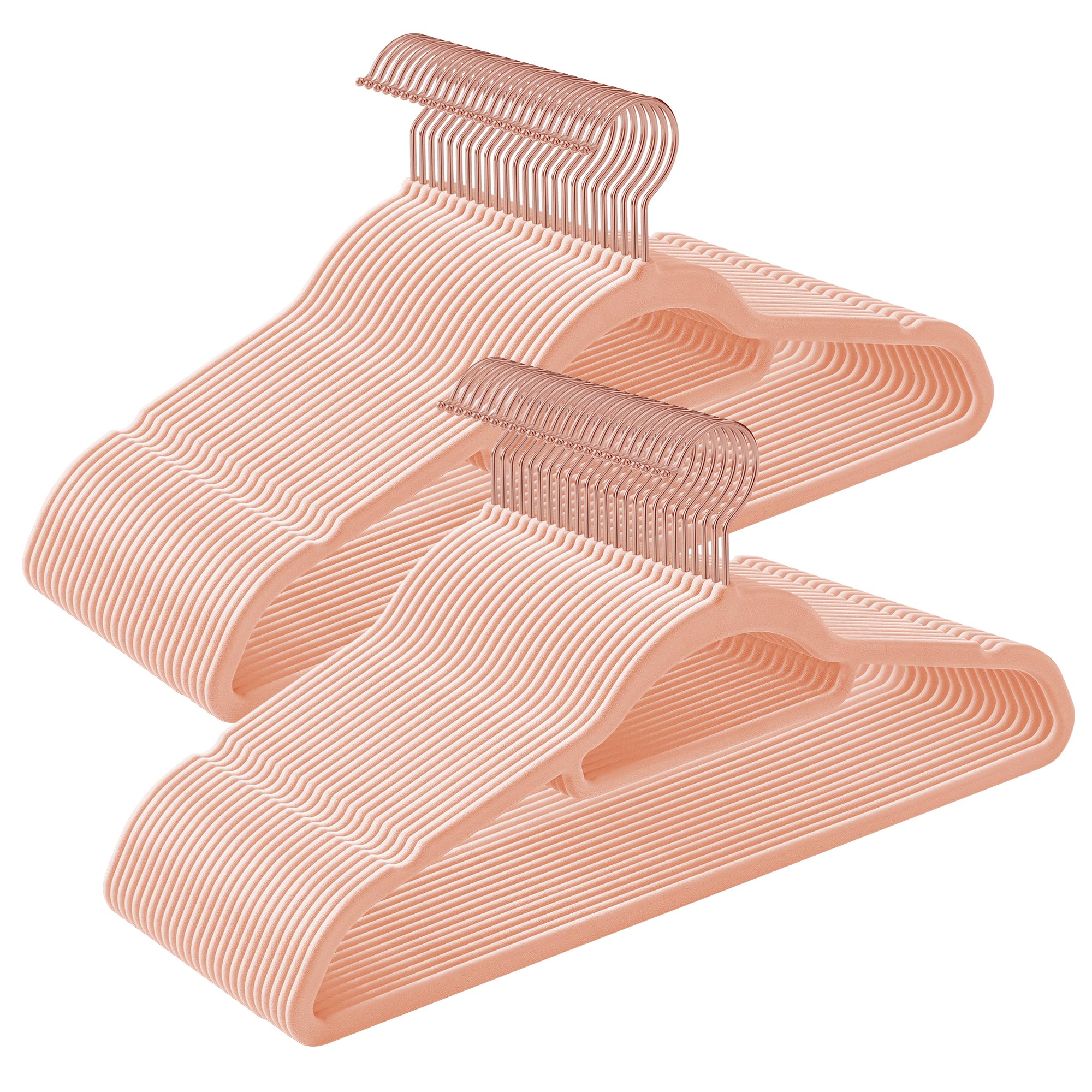SONGMICS Velvet Hangers, Set of 50 Coat Hangers for Clothes, Non-Slip, with Tie Bar and 360?Swivel Hook, Space-Saving, 0.6 cm Thick, 43.5 cm Long, for Trousers, Rose Gold and Light Pink CRF21PK50