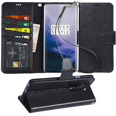OnePlus 7 Pro Case, Arae PU Leather Wallet case for OnePlus 7 Pro with Wrist Strap and ID&amp;Credit Cards Pocket - Black