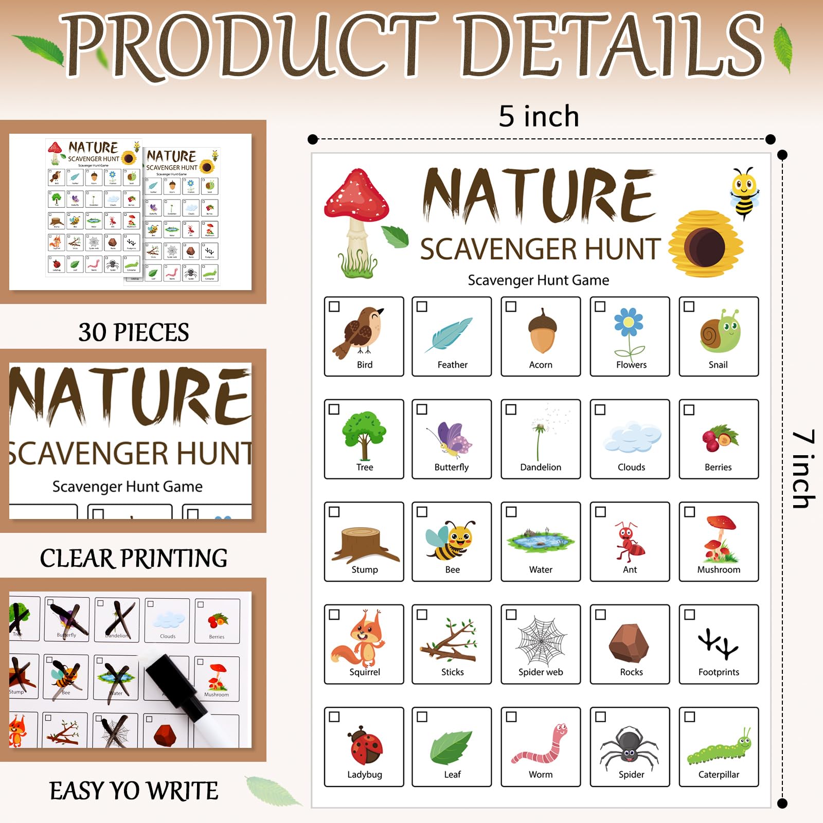 Hoolerry 30 Pcs Nature Scavenger Hunt for Kids Car Scavenger Hunt Cards Road Trip and Travel Activities Camping Games Outdoor Indoor Seek Activity for Kids Adults(Nature)