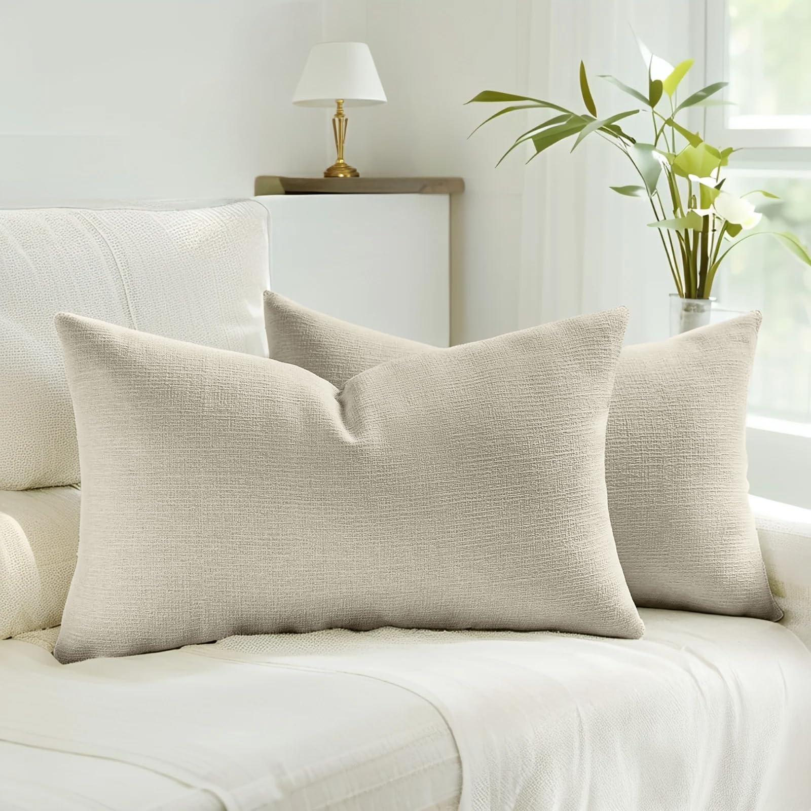 HAUSSY Beige Throw Pillow Covers 12x20 Inch Set of 2,Boho Decorative Faux Linen Lumber Throw Pillows Cozy Farmhouse Accent Cushion Covers,Home Decor for Couch Sofa Bed Living Room