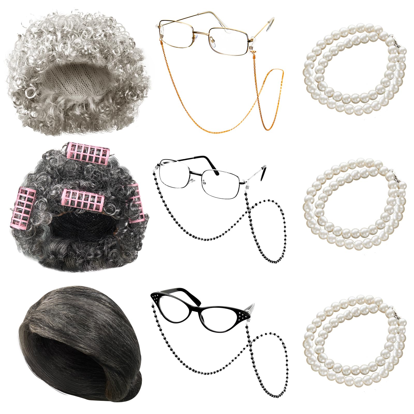 Photo 1 of Ceenna 9 Pcs Old Lady Party Costume Set Include Grandma Wig Glasses with Chain Artificial Pearl Necklace (Classic Style)