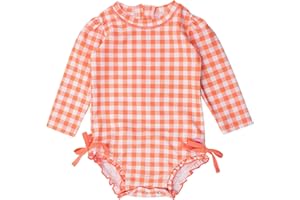 RuffleButts Baby Girls UPF 50+ Sun Protection Gingham Printed Long Sleeve One Piece Rash Guard Swimsuit with Zipper