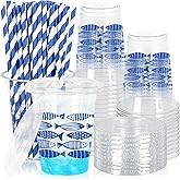 FYSUIMU 50 Pcs Blue Ocean Fish Plastic Cups with Lids and Straws 12oz Clear Drinking Cups Under The Sea Fish Disposable Cup for Summer Birthday Holiday Party Supplies